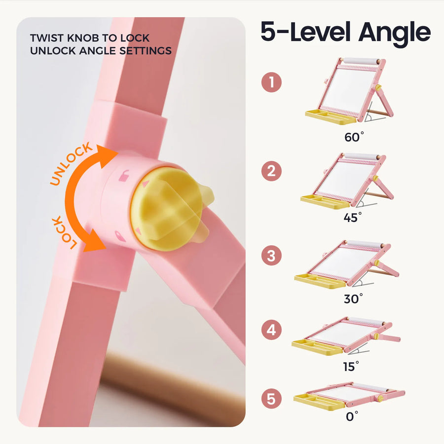Close-up of the Tiny LandĀ® Double-Sided Magnetic Tabletop Easel in pink, featuring an easy-to-use twist knob to lock in five different tilt angles: 60°, 45°, 30°, 15°, and 0°. The diagram displays each adjustable position, making this Tiny Land easel perfect for kidsā art projects or as a magnetic whiteboard for creative play.|Pink