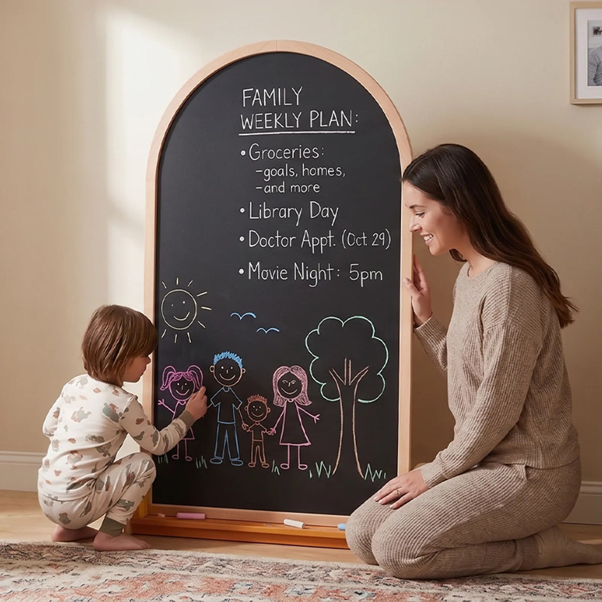 A woman and child sit by the Tiny Land® Double-Sided Arched Magnet Chalkboard. The easel shows a family weekly plan and colorful chalk art as the woman smiles while the child adds drawings.