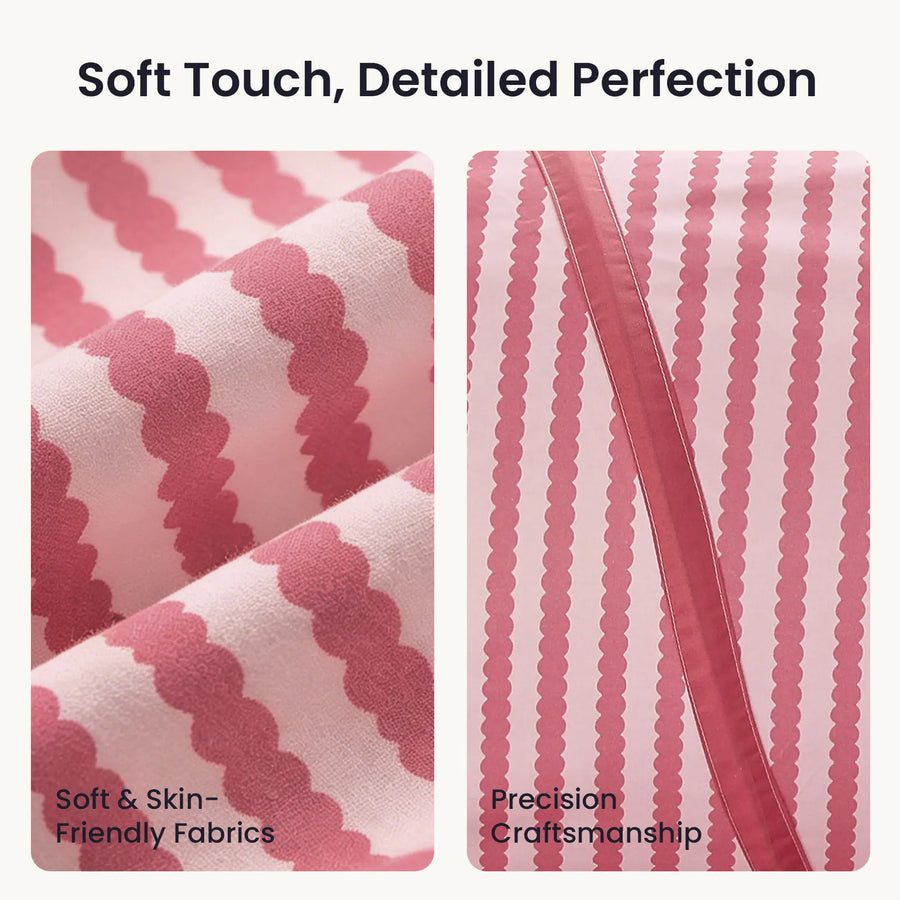 Close-up views of the pink and white scalloped-stripe fabric of a Tiny Land® Adventure Play Tunnel, with text reading Soft Touch, Detailed Perfection, Soft & Skin-Friendly Fabrics, and Precision Craftsmanship.|Pink