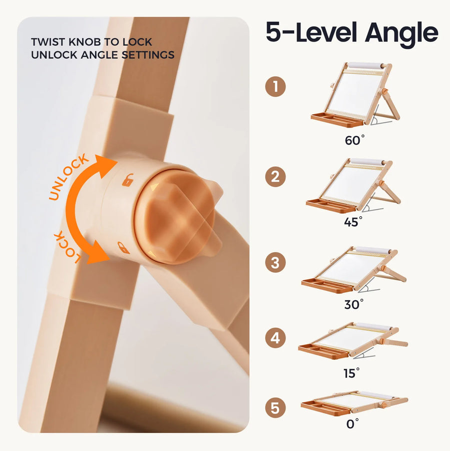 A close-up of a twist knob labeled lock and unlock adjusts the Tiny LandĀ® Double-Sided Magnetic Tabletop Easel from Tiny Land, shown at five anglesā60°, 45°, 30°, 15°, and 0°āwith its sturdy wooden stand and magnetic whiteboard, making it perfect for setting up a versatile art station.|Oatmeal