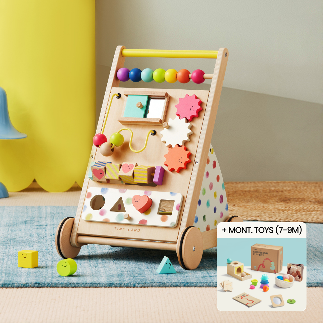 A Tiny Land All-Rounder Baby Playset — Baby Walker + Montessori Box (7–9 Months) with colorful beads, gears, and shape-sorting blocks stands on a rug; an inset shows wooden toys from the Montessori box for 7–9 months.