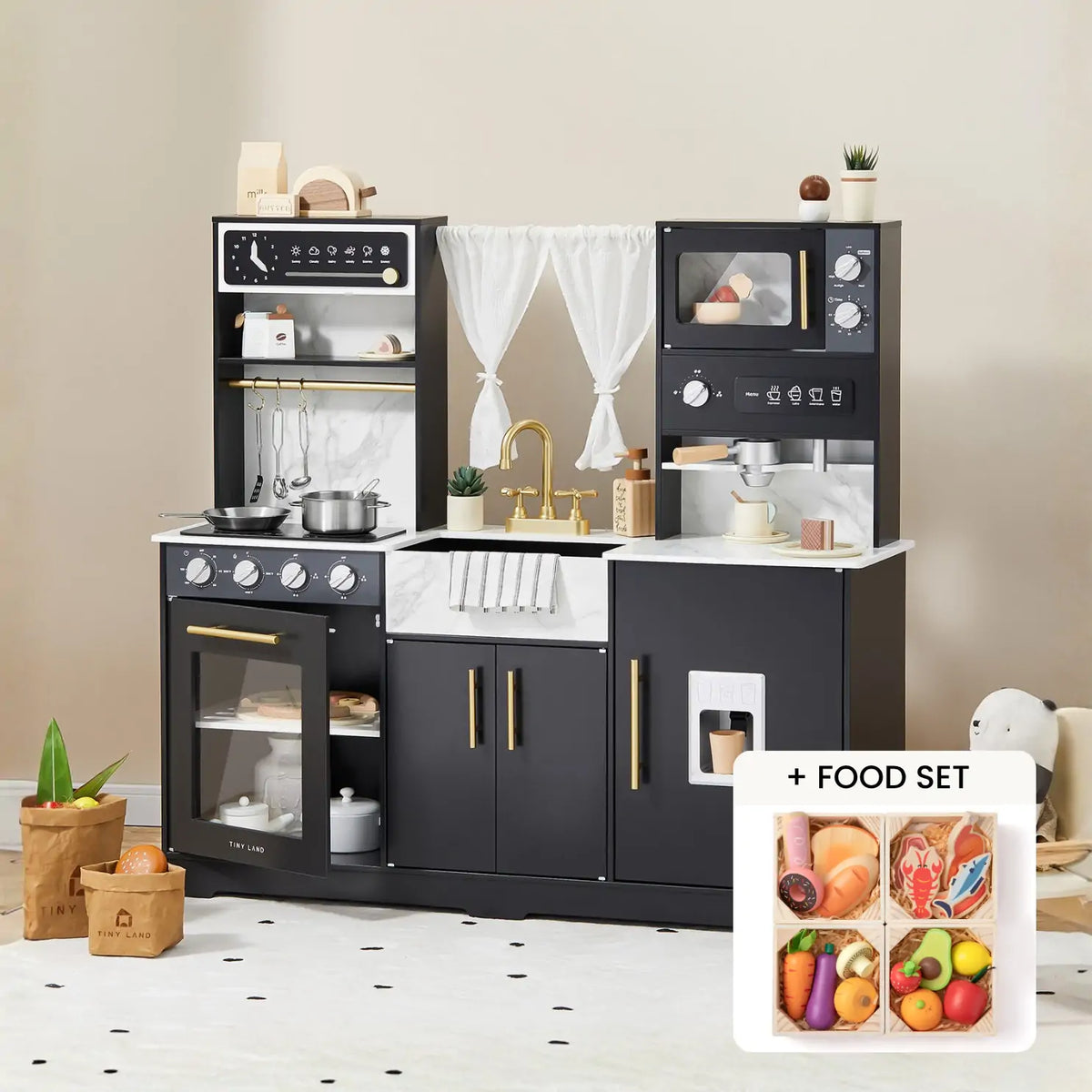 The Tiny Land® Black Iconic Wooden Play Kitchen Bundle Set by Tiny Land features a stylish black and white design with stove, oven, sink, microwave, shelves, pots, utensils, wooden food items, and a matching play food set for endless pretend play.