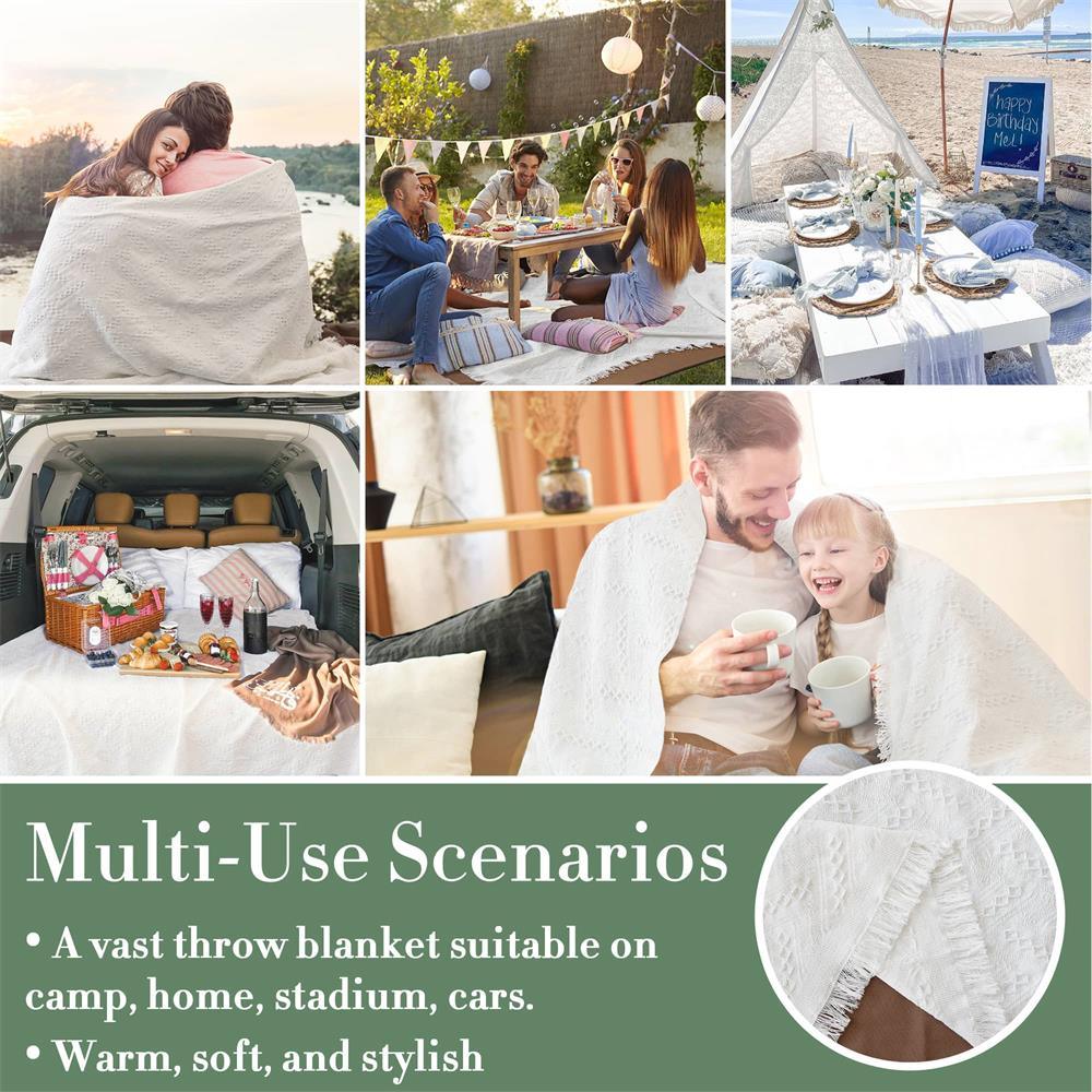 A collage shows families enjoying the Tiny Land® Picnic Blankets in settings like picnics, tents, car trunks, outdoors, and at home; text highlights the blanket’s versatility, warmth, and softness. Brand: Tiny Land.