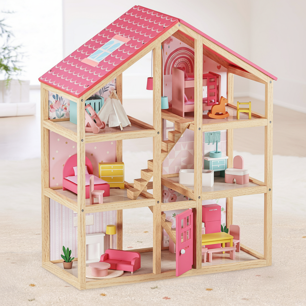 The Tiny Land Sweet Dreams Playset features a three-floor pink dollhouse with an open front, pink roof, and cute furniture in every room — all set in a cozy indoor space with a soft carpet.