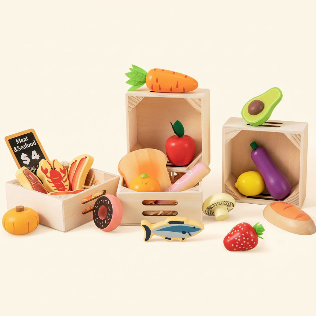 The Tiny Land® Tasty Cooking Playset includes colorful wooden foods like carrot, avocado, eggplant, and apple, plus a “Meat & Seafood $4” chalkboard sign—all arranged in crates for fun pretend play in any play kitchen.