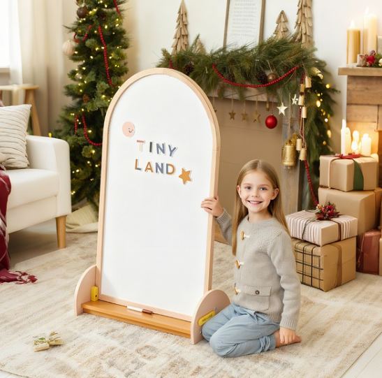 A long-haired girl wearing blue jeans and a gray sweater sits on the living room rug. Beside her is an arched art easel, and behind her stands a Christmas tree.