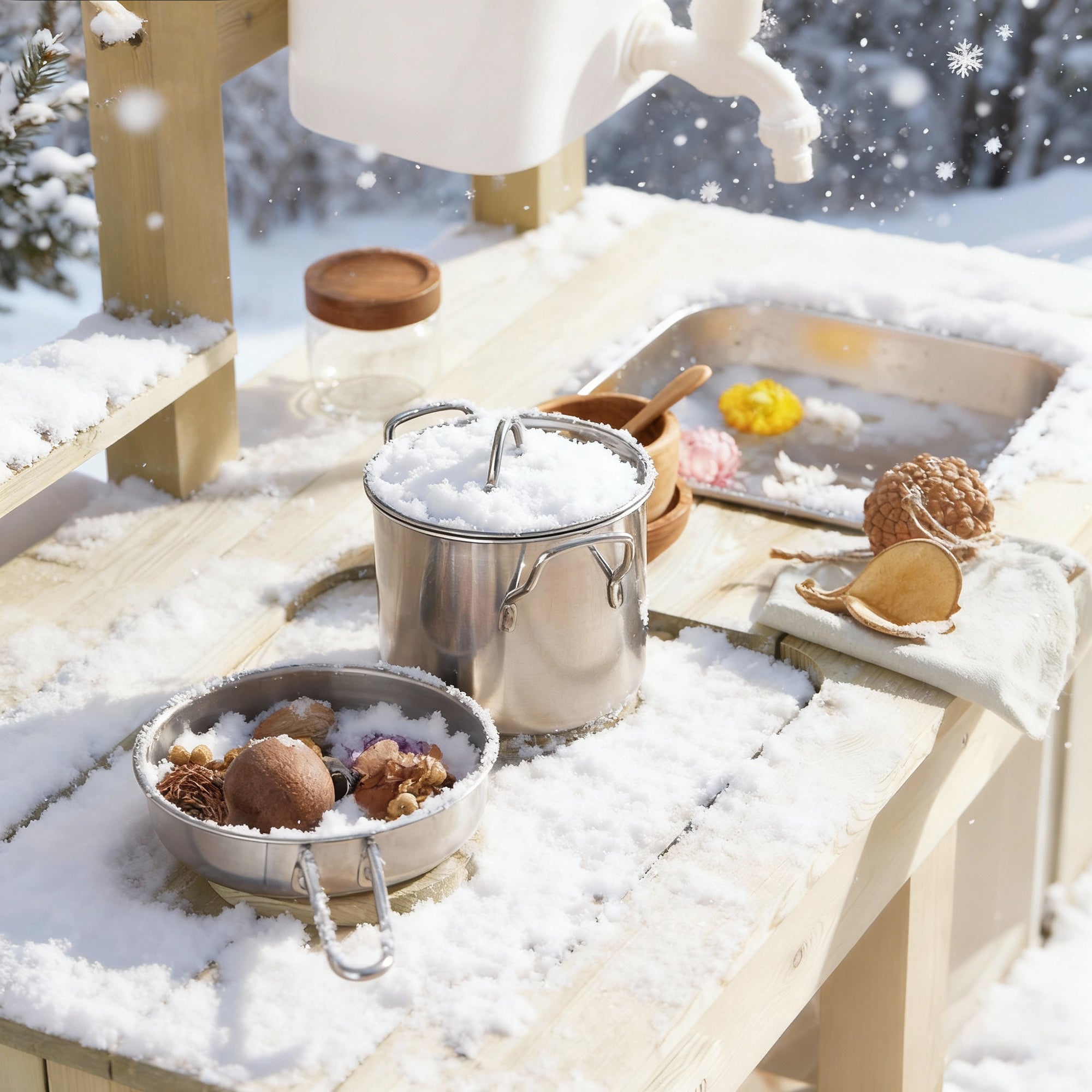The outdoor play kitchen's utensils are filled with snow on a snowy day.