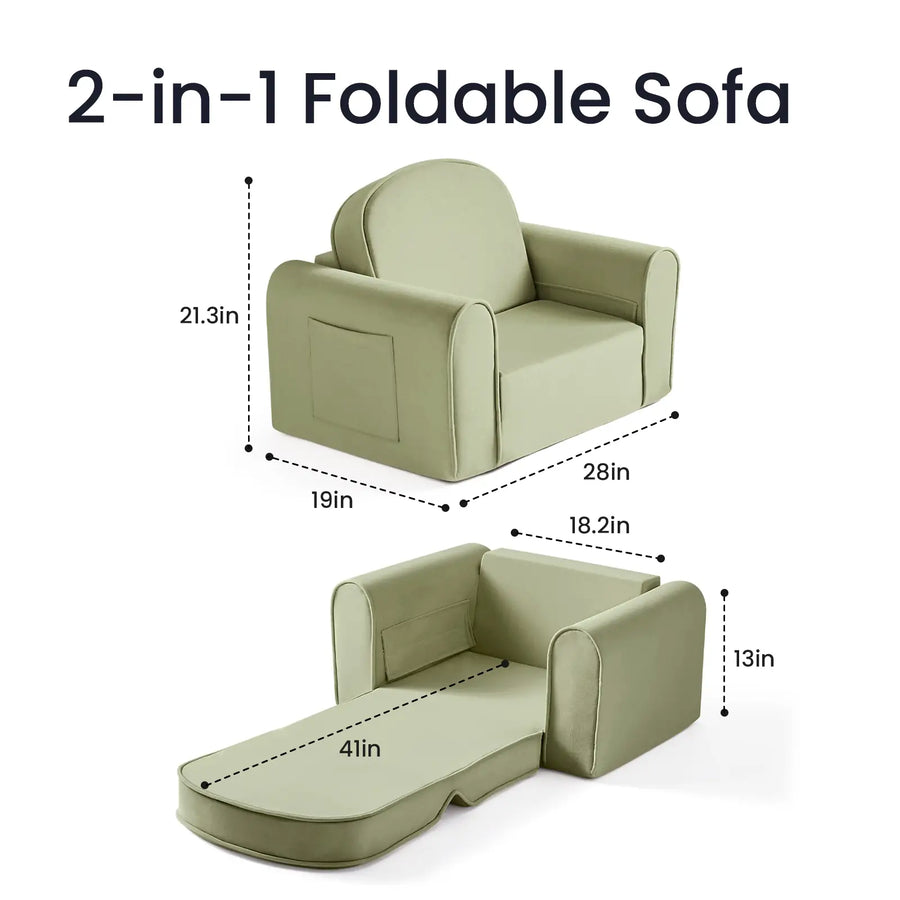 The Tiny Land® GentleSnug Kid Chair by Tiny Land is a light green 2-in-1 foldable kids sofa that functions both as a comfortable armchair (21.3″ high, 28″ wide, 19″ deep) and easily unfolds into a relaxing lounger (13″ high, 41″ long, 18.2″ wide). Crafted with high-density foam for greater comfort and durability, this versatile piece effortlessly transforms from a cozy seat to a snug bed—making it perfect for children’s spaces.|Sage