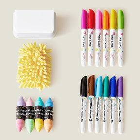Beautifully displayed on a light surface, the Tiny Land Double-Sided Arched Magnet Chalkboard & Art Kit by Tiny Land comes complete with a whiteboard eraser, a yellow cleaning mitt, six colored chalks, six pastel dry erase markers, and six regular dry erase markers—making it the perfect accessory set for any double-sided magnetic easel or art easel for kids.