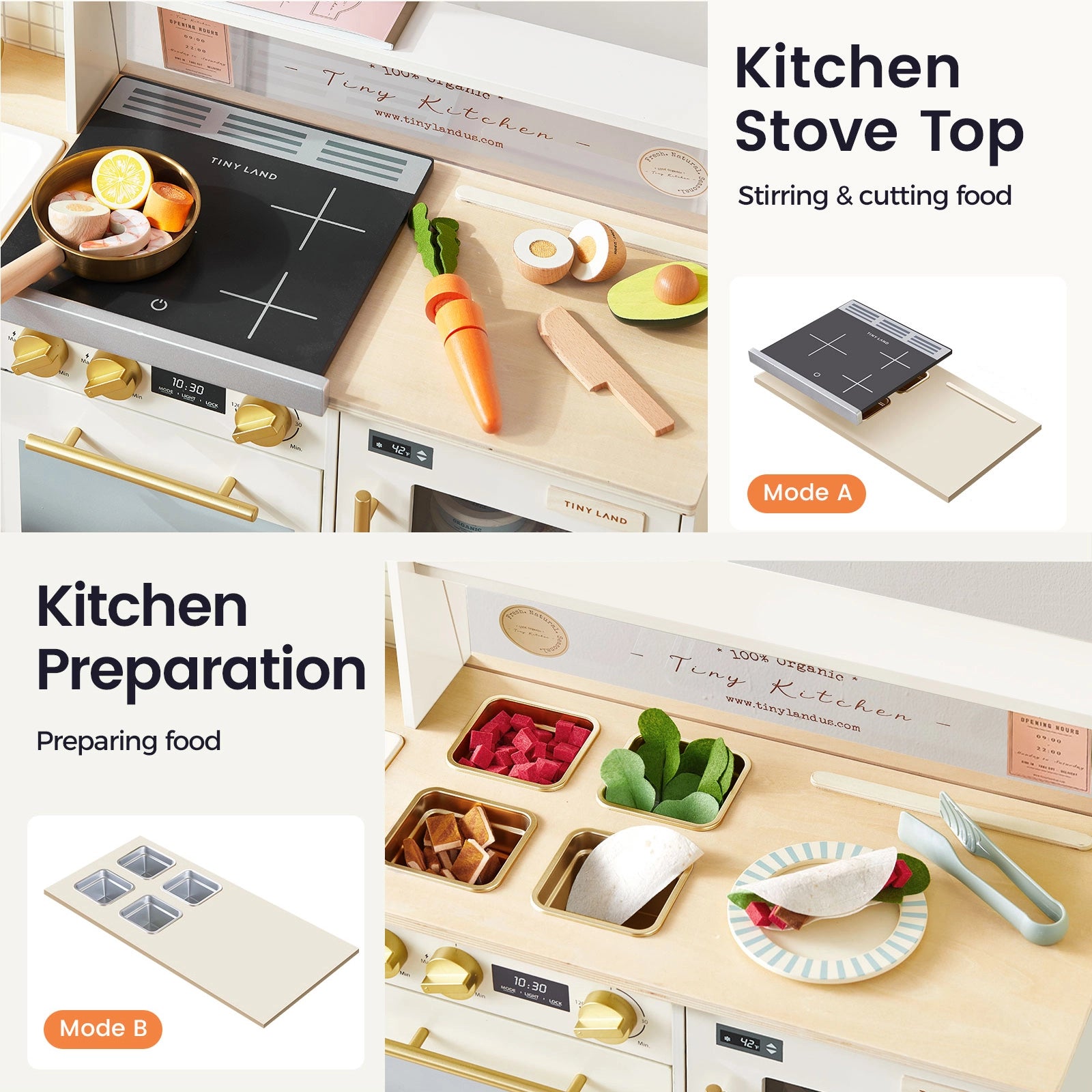 The Tiny Land® BistroSwitch Play Kitchen by Tiny Land includes a stovetop, utensils, toy vegetables, and ingredients. Labels indicate Kitchen Stove Top (Mode A) for stirring/cutting food and Kitchen Preparation (Mode B) for food prep.|White
