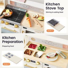 The Tiny Land® BistroSwitch Play Kitchen by Tiny Land includes a stovetop, utensils, toy vegetables, and ingredients. Labels indicate Kitchen Stove Top (Mode A) for stirring/cutting food and Kitchen Preparation (Mode B) for food prep.|White