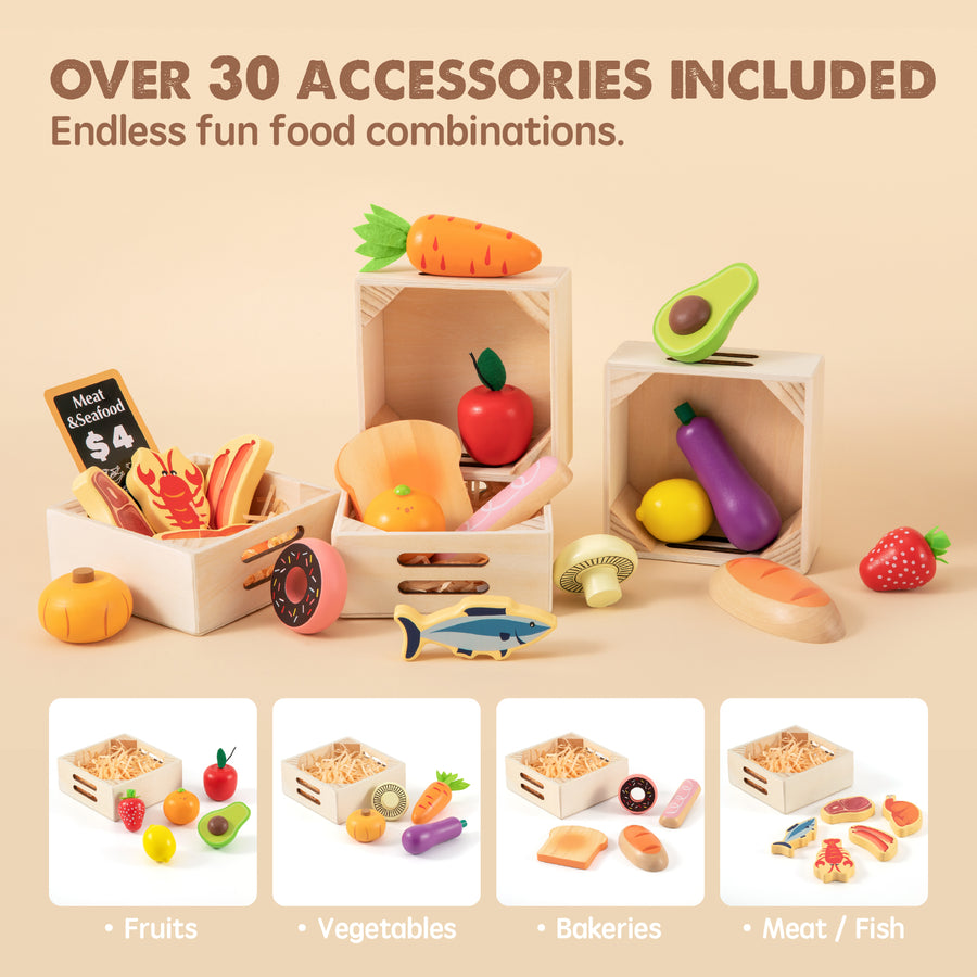 Tiny Land Play Food’s Wooden Play Kitchen Accessories set includes 30+ realistic wooden pieces—fruits, vegetables, bakery items, and meat/fish—organized in crates, making the perfect pretend cooking set for kids. Four food groups shown below.