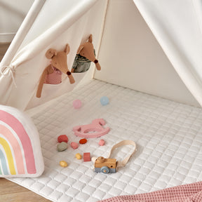 Transform your child’s space with the Tiny Land® Ultimate Reading Retreat: Premium Teepee & Corduroy Lounger by Tiny Land INC—a cozy Montessori-inspired setup featuring two adorable stuffed animal mice nestled in pockets, a quilted white mat, pastel wooden toys, a pink rainbow pillow, and a toy camera on the floor—perfect as a playful reading nook or enchanting kids teepee.|Soft Teal