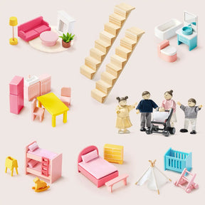 Tiny Land® Sweetwood Love Dollhouse & Wooden Dollhouse Dolls by Tiny Land INC features colorful miniature furniture, stairs, and figures—living room, kitchen, bedroom, crib, teepee, stroller—perfect for imaginative play.