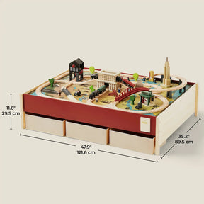 The Tiny Land® 1920 Railway Adventure Train Table by Tiny Land INC is a wooden city playset with tracks, buildings, trees, bridges, and storage drawers; it measures 47.9" x 35.2" x 11.6".