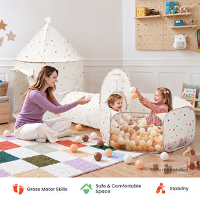 A woman plays with two children inside a colorful, dot-decorated Tiny Land® Compact Adventure 3-in-1 Play Tunnel With no Balls.|Colorful Dots