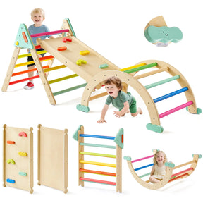 Two young children play on the Tiny Land® 7-in-1 Rainbow Pikler Triangle Set by Tiny Land, which includes a Pikler triangle, slide, climbing wall, arch, reversible ramp with rainbow bars, and a soft green cushion for comfort.