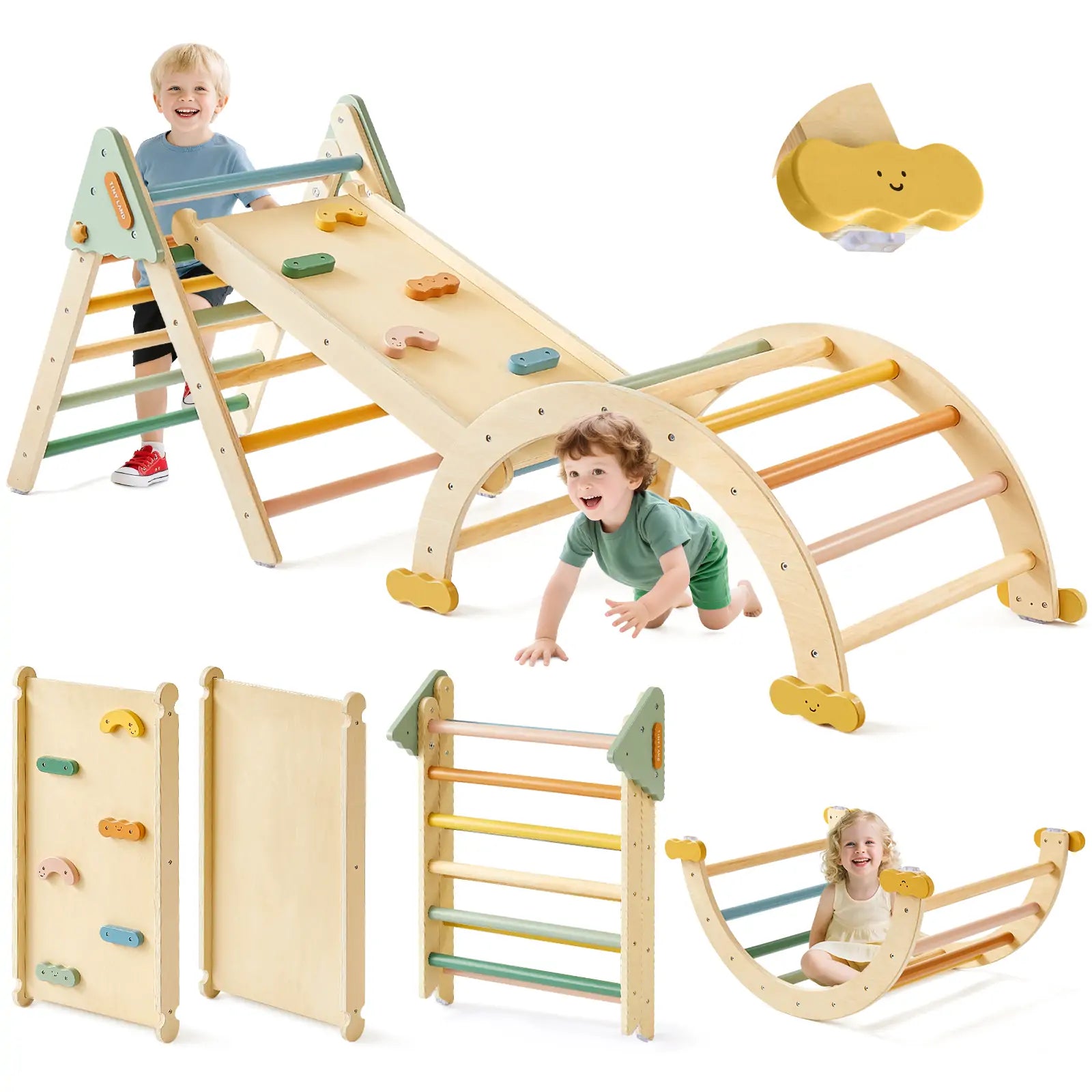 The Tiny Land® 7-in-1 Morandi Pikler Triangle Set by Tiny Land is a wooden indoor playset featuring a slide, climbing arch, activity boards, reversible ramp, and pastel accents. Kids can climb, slide, crawl, and rock on the smooth-edged Montessori set.