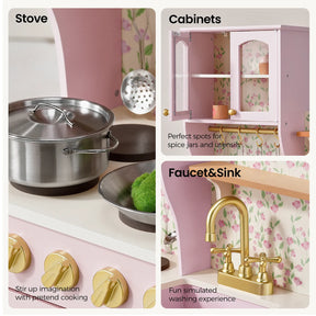 A collage featuring the Tiny Land® Wooden Play Kitchen with Storage for Creative Toddlers showcases a stylish stove with pretend cookware, a gold faucet and sink, and charming pink cabinets set against floral wallpaper. Text highlights imaginative play, multifunctional storage, and the realistic pretend washing experience offered by this Tiny Land kitchen.|Sakura Pink