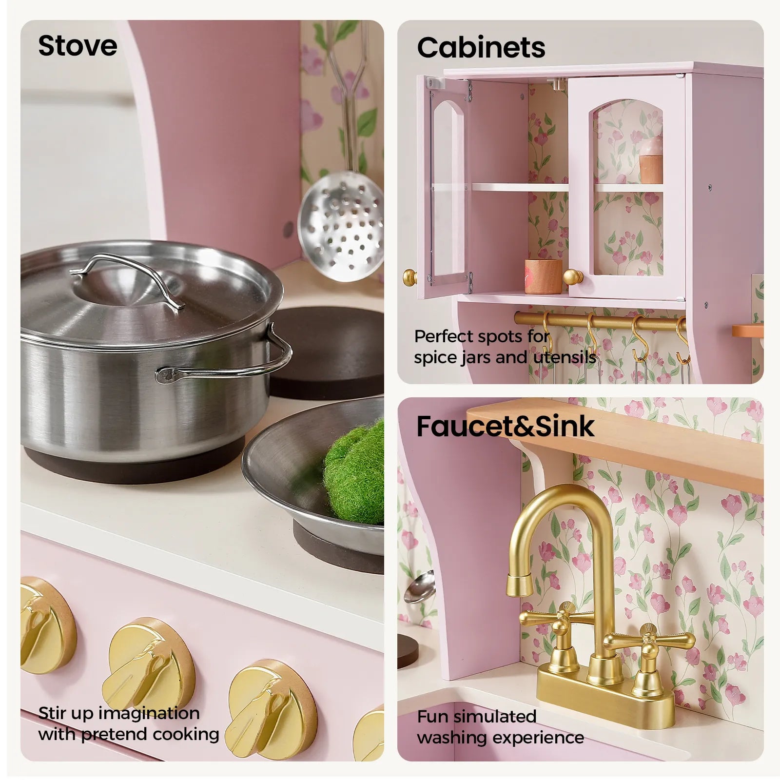 Collage featuring the Tiny Land® Wooden Play Kitchen with Storage for Creative Toddlers by Tiny Land, showcasing a pink design with a stove, gold knobs, eco-friendly pretend cookware like a pot and utensils, upper cabinets stocked with jars, and a gold faucet and sink—all set against floral wallpaper.|Sakura Pink