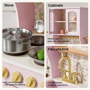Collage featuring the Tiny Land® Wooden Play Kitchen with Storage for Creative Toddlers by Tiny Land, showcasing a pink design with a stove, gold knobs, eco-friendly pretend cookware like a pot and utensils, upper cabinets stocked with jars, and a gold faucet and sink—all set against floral wallpaper.|Sakura Pink