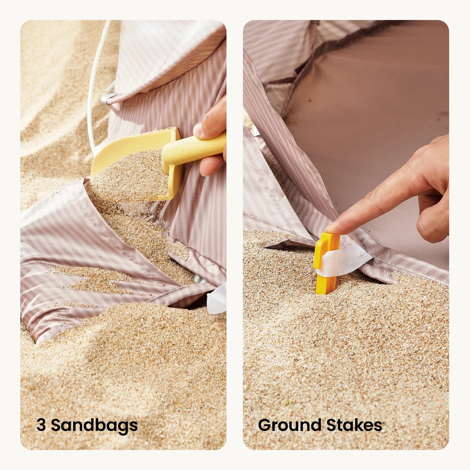 Split image: Left shows a hand filling a sandbag with sand using a yellow scoop. Right shows a hand pushing a yellow ground stake through a loop—ideal for securing the Tiny Land® 4-in-1 Baby Beach Tent & Sand Toy Set by Tiny Land.|Pink