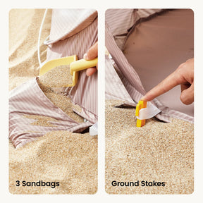 Split image: Left shows a hand filling a sandbag with sand using a yellow scoop. Right shows a hand pushing a yellow ground stake through a loop—ideal for securing the Tiny Land® 4-in-1 Baby Beach Tent & Sand Toy Set by Tiny Land.|Pink