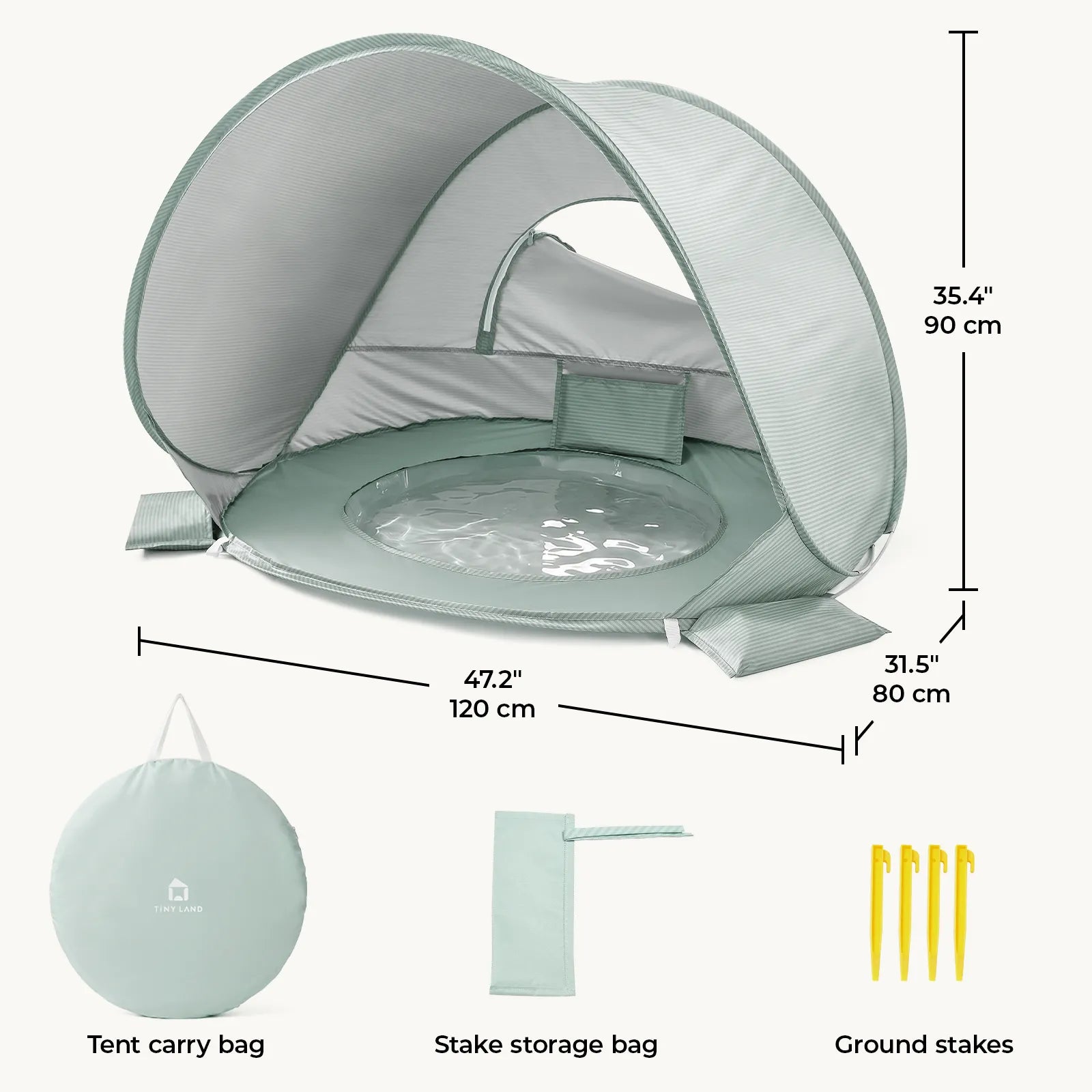 The Tiny Land® 3-in-1 Baby Beach Tent by Tiny Land is light green, features a splash pool, pillow, open front, sun shade, and measures 47.2 x 31.5 x 35.4 in. Includes carry bag, stake storage bag, and four yellow stakes.|Green