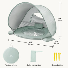 The Tiny Land® 3-in-1 Baby Beach Tent by Tiny Land is light green, features a splash pool, pillow, open front, sun shade, and measures 47.2 x 31.5 x 35.4 in. Includes carry bag, stake storage bag, and four yellow stakes.|Green
