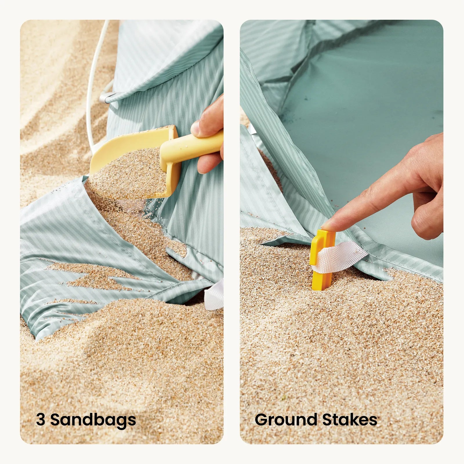 A split image shows a person filling a sandbag with yellow shovel (left) and securing the Tiny Land® 4-in-1 Baby Beach Tent with a yellow stake (right). Text: 3 Sandbags and Ground Stakes by Tiny Land.|Green