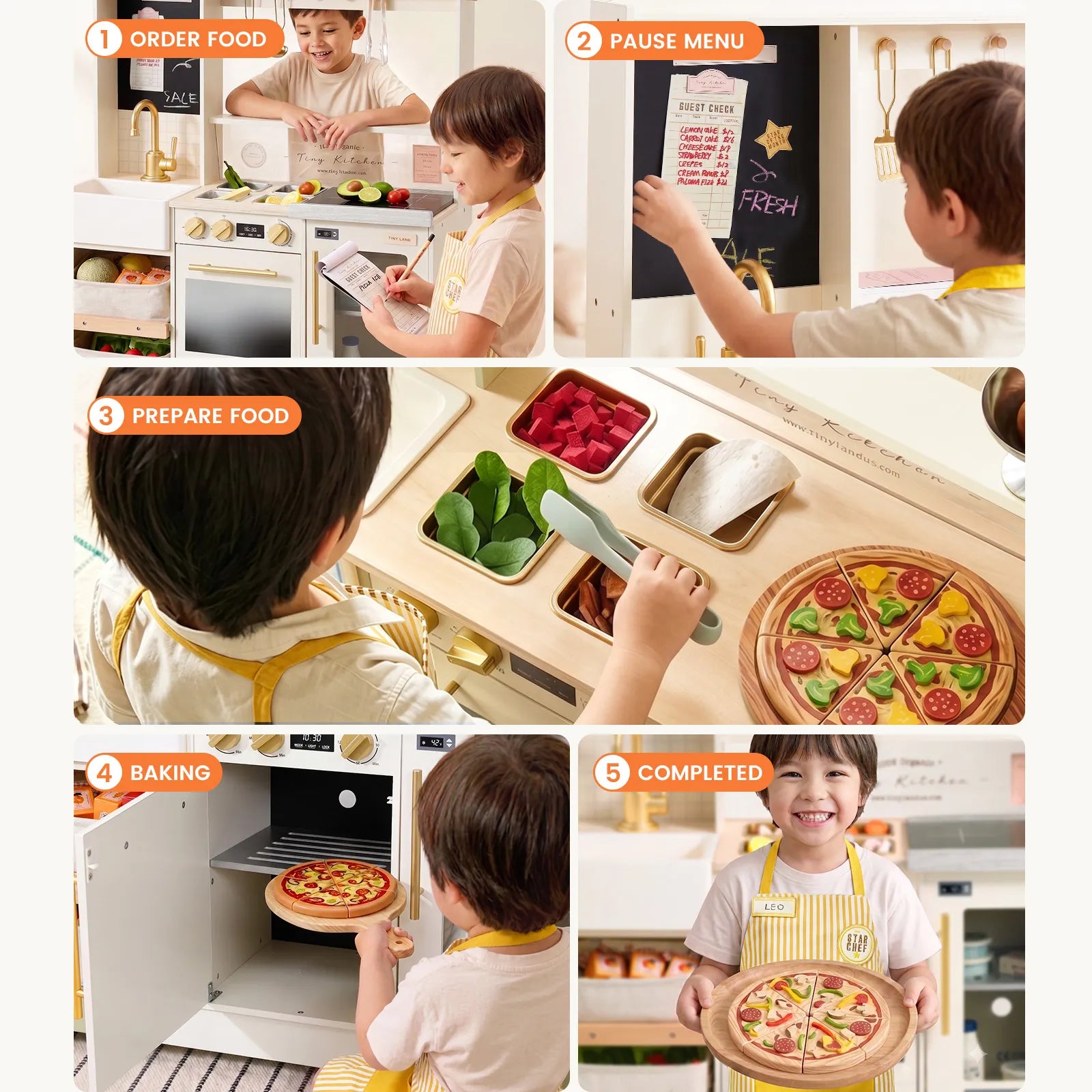 Experience big fun with the Tiny Land® BistroSwitch Kitchen & Fridge Set by Tiny Land: kids can order, pause, prepare ingredients, bake a wooden pizza in the toy oven, and present their finished creation—all while smiling at each step. This bright and playful interactive kitchen set inspires imaginative play and helps little chefs learn as they explore their own culinary adventures.