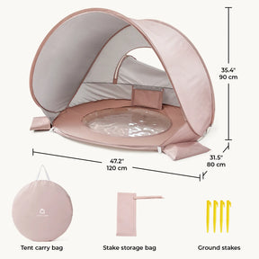 The Tiny Land® 3-in-1 Baby Beach Tent by Tiny Land is a pink toddler tent (47.2x31.5x35.4 cm) with a floor window, sun shade, carry bag, stake storage bag, and four yellow ground stakes for easy setup and portability.|Pink