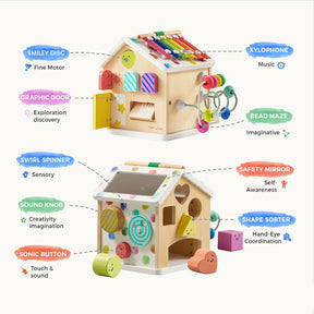 The Tiny Land® Cottage Activity Cube - Rainbow by Tiny Land features a xylophone, bead maze, safety mirror, and shape sorter—each labeled to support specific skills—for a fun developmental toy ideal for any sensory gym.
