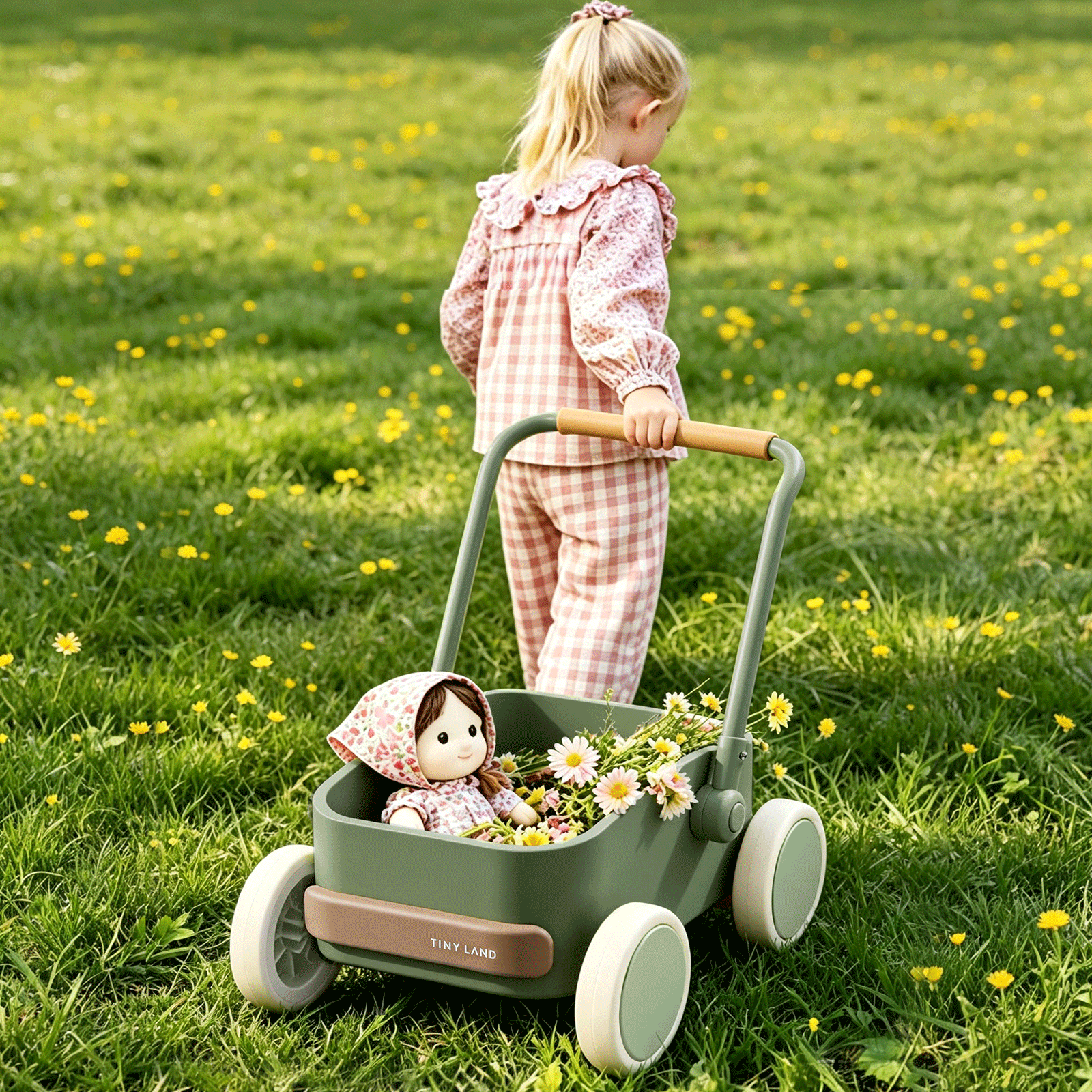 A young girl in pink checkered pajamas pushes the Tiny Land® JoyRide Baby Walker with Blocks by Test across a grassy field, filled with daisies and a doll in a flowery bonnet.