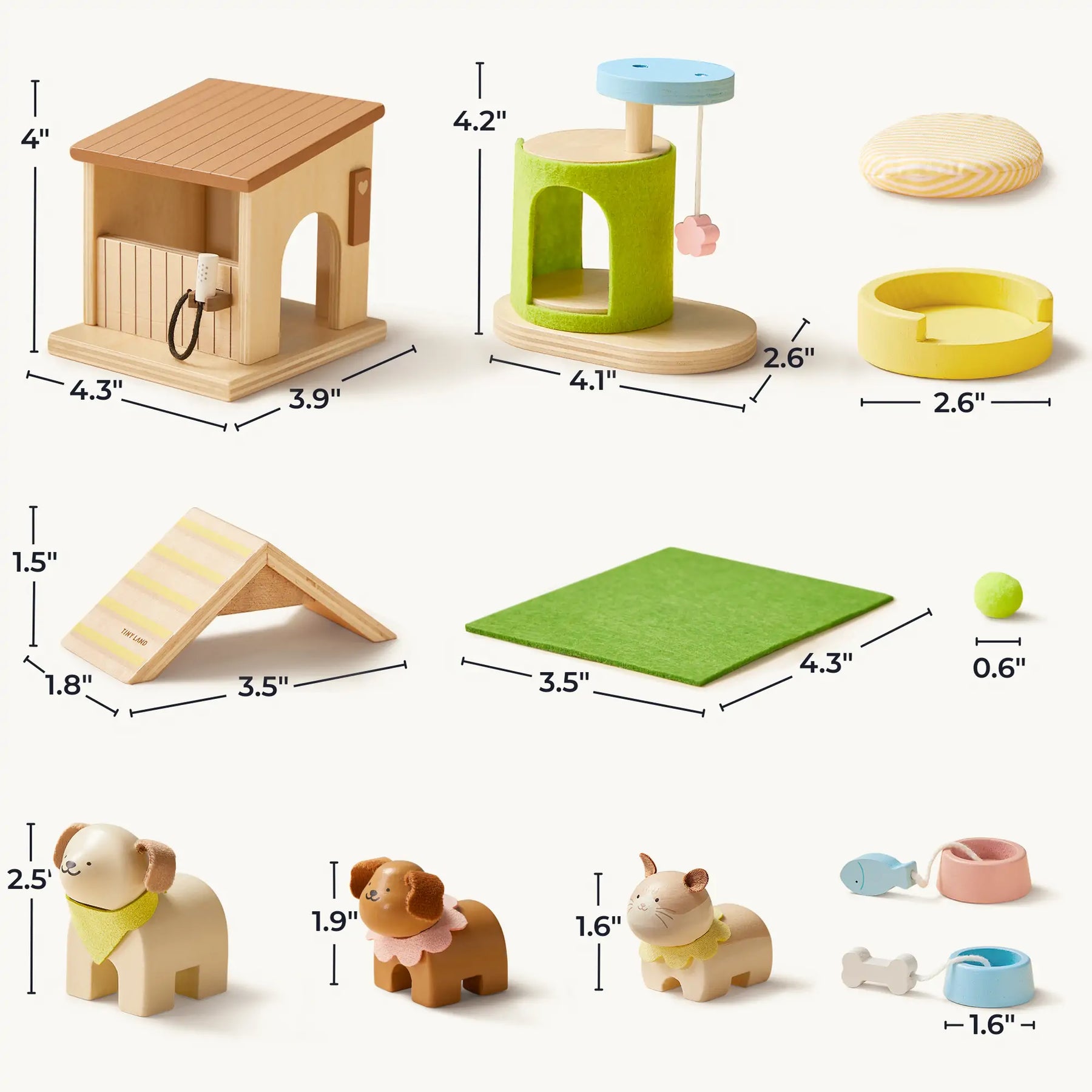 Early Bird Eggs-Tiny Land® Happy Urban Paws by Test: a wooden pet playset with mini pet house, cat tower, bed, bowl, ramp, mat, ball, 3 animals, 2 collars, leash & bone. Dimensions for each pretend pet toy are clearly labeled.