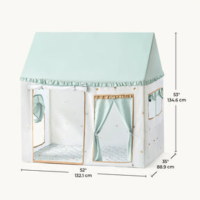 The Tiny Land® Sweet Woodland Kids Play Tent by Tiny Land INC features a house shape with a light blue roof, white patterned walls, and blue curtains. At 53" tall, 52" wide, and 35" deep, it’s ideal for imaginative play—add a play mat for extra comfort.