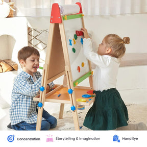 Two young children play and make art together on the Tiny Land® 3-in-1 Art Easel & Paper Roll Set in a bright room. The girl places shapes on the whiteboard while the boy smiles and watches. Icons below highlight benefits such as concentration and imagination, showcasing this creative set from Tiny Land.