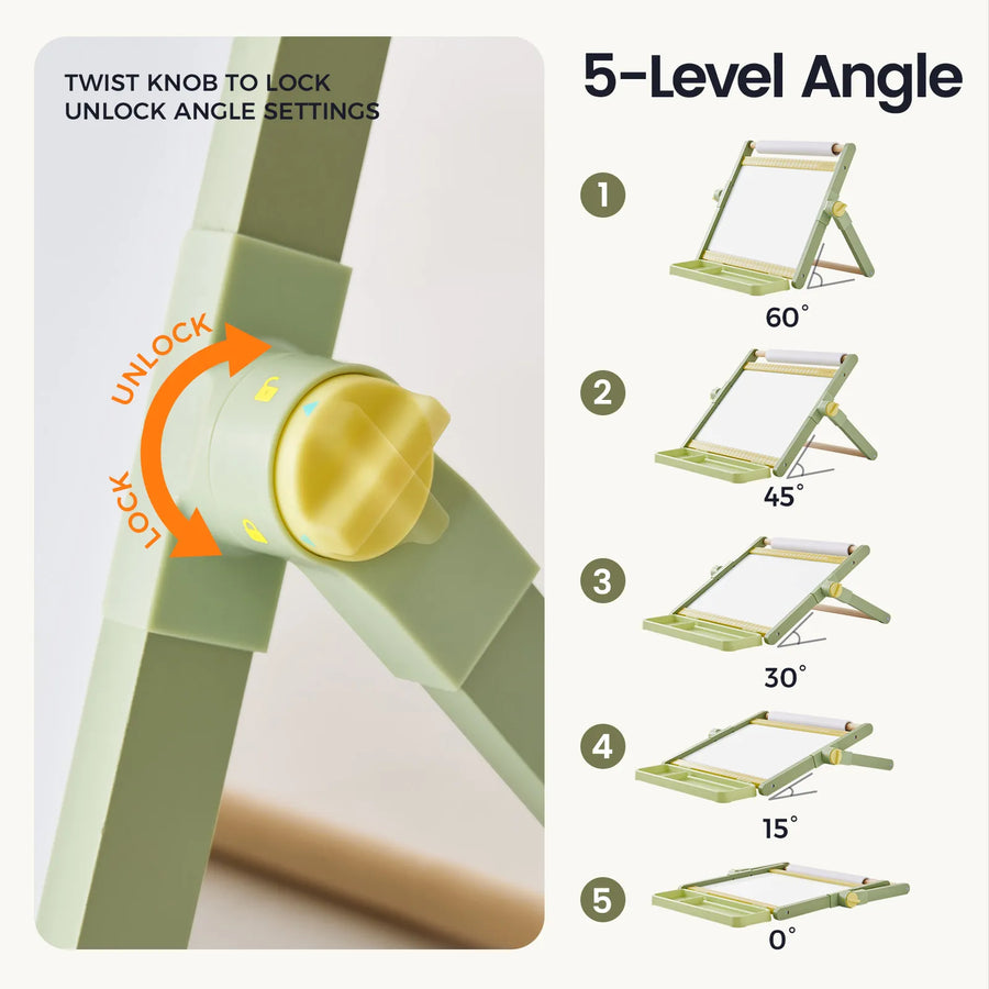 Close-up of the Tiny Land® Double-Sided Magnetic Tabletop Easel in green, featuring a yellow knob to lock or unlock the angle and an illustrated guide displaying five adjustable positions—60°, 45°, 30°, 15°, and 0°—each visually represented with a diagram.|Green