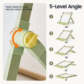 Close-up of the Tiny Land® Double-Sided Magnetic Tabletop Easel in green, featuring a yellow knob to lock or unlock the angle and an illustrated guide displaying five adjustable positions—60°, 45°, 30°, 15°, and 0°—each visually represented with a diagram.|Green