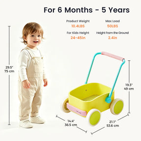 A toddler stands beside a yellow and pastel Tiny Land® 3-in-1 Wooden Baby Walker Wagon - Pink & Spring Color, accompanied by text detailing the product’s age range, dimensions, weight capacity, and height specifications.|Spring Color