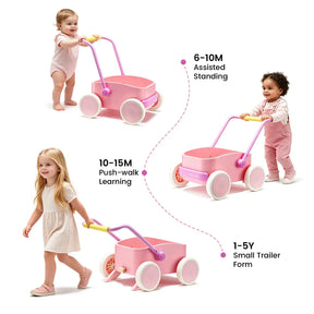 Three children use the Tiny Land® 3-in-1 Wooden Baby Walker Wagon - Pink: a baby stands assisted, a toddler learns to walk, and a preschooler pulls it as a trailer—showcasing its adjustable, age-appropriate design from Tiny Land.