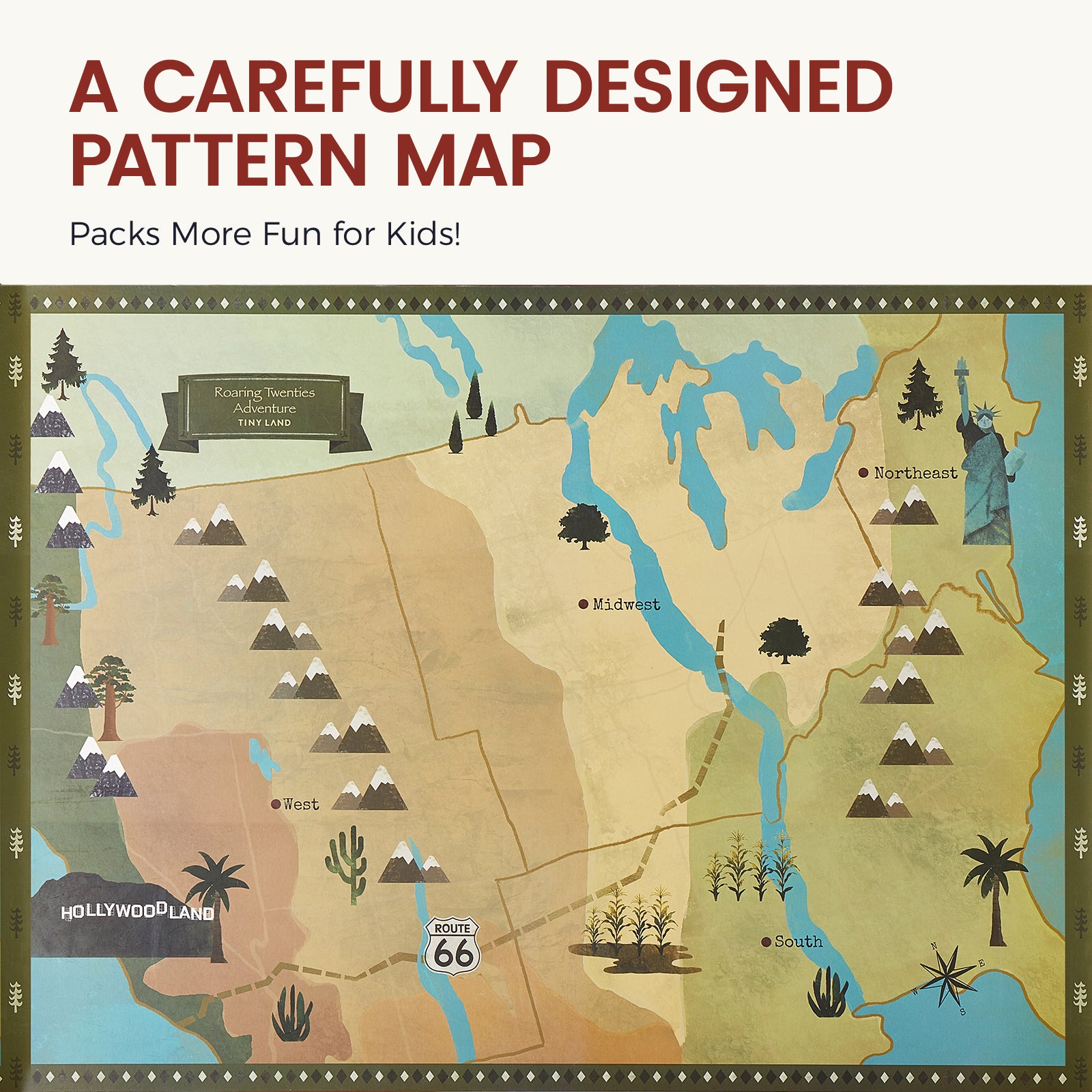 The Tiny Land® 1920 Railway Adventure Train Table features a charming map of the U.S. with playful icons and landmarks like Route 66, evoking the feel of a wooden train set. Text reads: “A Carefully Designed Pattern Map.”.