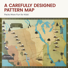 The Tiny Land® 1920 Railway Adventure Train Table features a charming map of the U.S. with playful icons and landmarks like Route 66, evoking the feel of a wooden train set. Text reads: “A Carefully Designed Pattern Map.”.