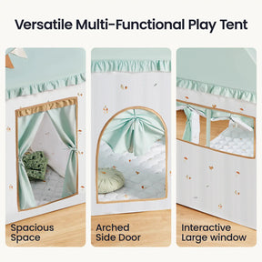 Three images show the Tiny Land® Sweet Woodland Kids Play Tent by Tiny Land INC, featuring a spacious interior, arched curtained door, large interactive window, cute decorations, and a soft quilted floor mat.