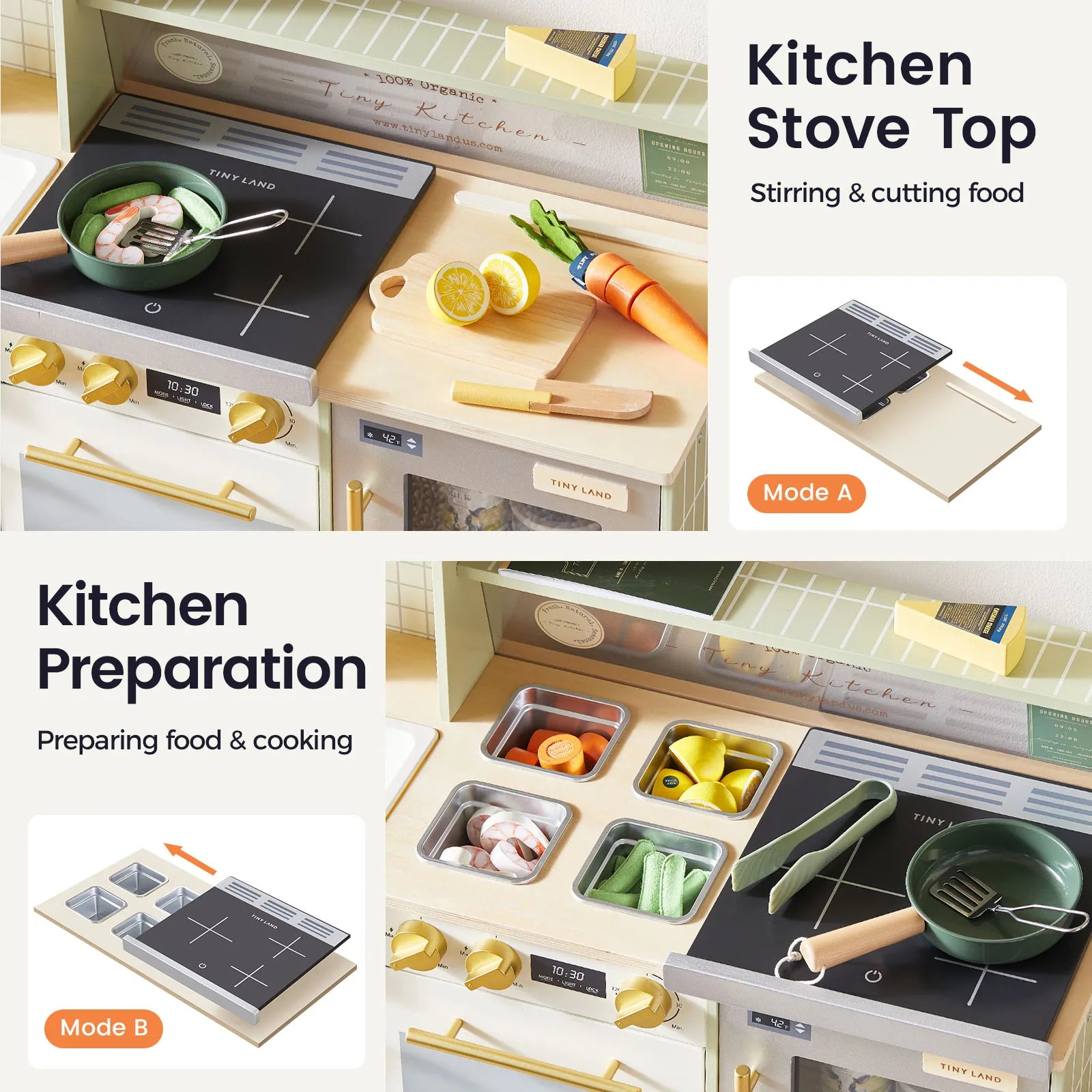 The Tiny Land® BistroSwitch Play Kitchen includes a stovetop, pot with play food, cutting board with toy veggies, and sink. Illustrated steps show stirring on the Kitchen Stove Top and prepping food for imaginative cooking fun.|Green