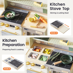 The Tiny Land® BistroSwitch Play Kitchen includes a stovetop, pot with play food, cutting board with toy veggies, and sink. Illustrated steps show stirring on the Kitchen Stove Top and prepping food for imaginative cooking fun.|Green