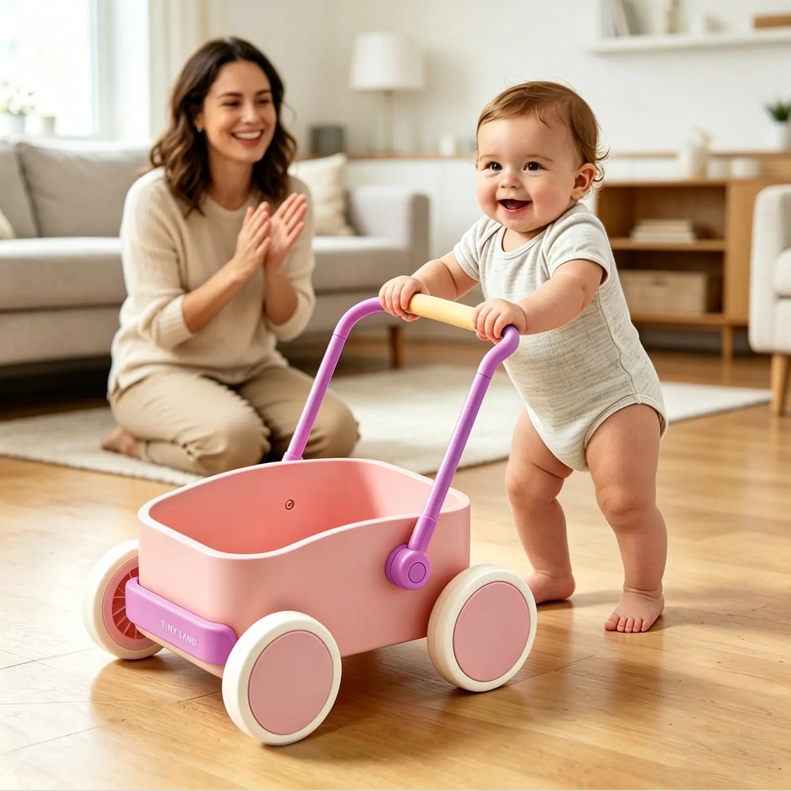 A smiling baby pushes the Tiny Land® 3-in-1 Wooden Baby Walker Wagon - Pink across the living room as an adult claps and watches, both enjoying a bright, cheerful moment with this quality Tiny Land product.