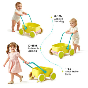 A composite image showing three children using a Tiny Land® 3-in-1 Wooden Baby Walker Wagon - Pink & Spring Color as a yellow, pink, and teal baby walker, push-toy, and trailer, categorized by age and developmental stage.|Spring Color