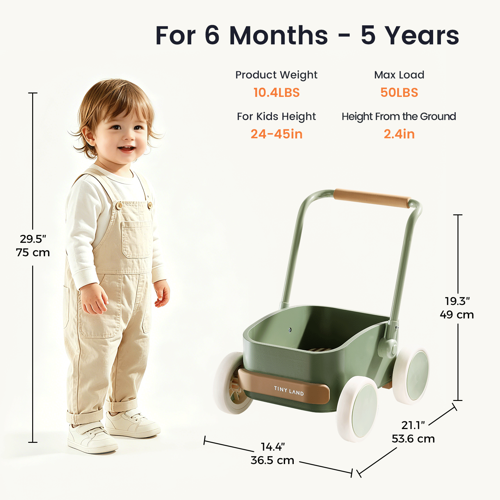 A toddler stands by the Test Tiny Land® JoyRide Baby Walker with Blocks - Sage, featuring white wheels, tan handles, a wooden storage box; for ages 6m–5y, adjustable speed, 10.4 lbs weight, max load 50 lbs, and 19.3 in height.