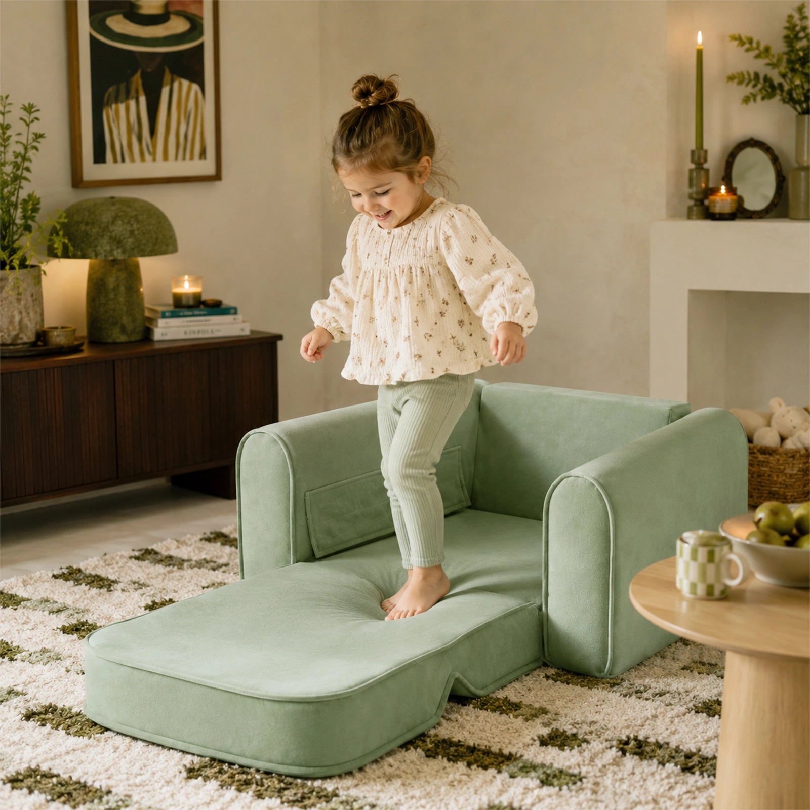 A young child smiles while standing on the Tiny Land® GentleSnug Kids Sofa Chair in a cozy living room decorated with candles, plants, and framed art.